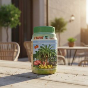 tarro tahina pura Al Nakhil pasta de sesamo 907g, pan pita fresco, bowl con salsa de sésamo, mercado oriental fondo, ingrediente para hummus