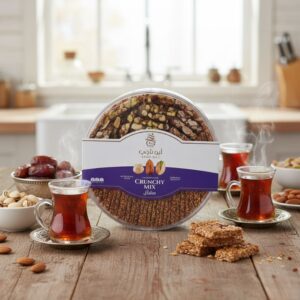 Envase redondo transparente con mezcla de frutos secos caramelizados Abou Naji, etiqueta color blanco y morado con el nombre Crunchy Mix.