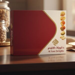 Caja elegante de dulces árabes surtidos Al Tom Delights, presentación de regalo con selección variada.