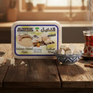 Envase de Halawa Al Nakhil sabor natural de 454 g, acompañado de un tazón con cubos del dulce de color beige claro.