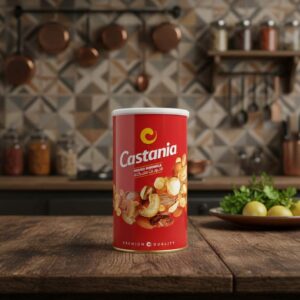 Envase de calidad premium de nueces y semillas tostadas de la marca Castania, sobre una mesa de madera.