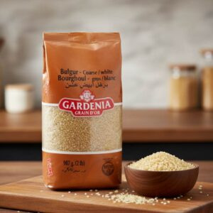 paquete de Bulgur Grueso Blanco Gardenia Grain D'Or 907g, Bourghoul Coarse, trigo partido para Kibbeh, cuenco de madera con bulgur