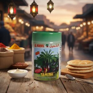 frasco Tahina Al Nakhil 454g pasta pura de sésamo, pan pita en tabla, bowl de salsa de tahini, mercado especias fondo, faroles árabes