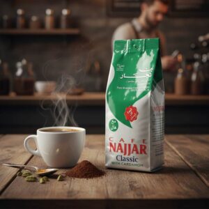paquete Café Najjar Classic con Cardamomo, 100% Arábica brasileño molido fino, café libanes con Hal, bolsa verde y blanca, producto