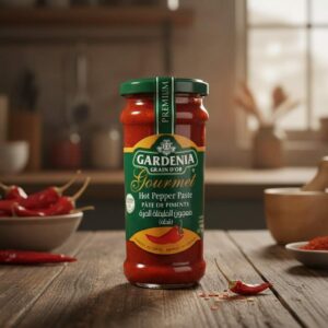 frasco Pasta de Pimientos Picantes Gardenia Premium, Hot Pepper Paste, pimientos rojos frescos, cuenco de madera, especias molidas