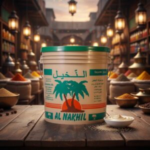 cubeta tahina Al Nakhil 5kg formato profesional, balde pasta de sesamo 100% pura, bowl salsa de tahini, mercado especias fondo, proveedor hosteleria