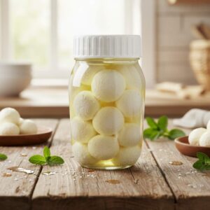 frasco de bolas de queso suave en salmuera, queso perlini, queso fresco bocado, hojas de menta en mesa rústica, aperitivo mediterráneo