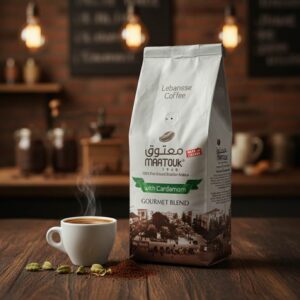 paquete café libanes Maatouk gourmet blend 200g, cafe con cardamomo, 100% Arábica brasileño molido fino, taza humeante, granos de cardamomo