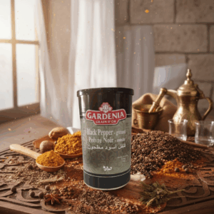 Bote de Pimienta Negra Molida (Black Pepper Ground) Gardenia Grain D'Or de 454g (1 Lb), especia en polvo oscuro sobre tabla de madera.
