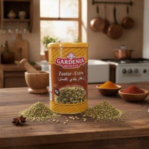 Bote cilíndrico de Zaatar Extra Gardenia Grain D'Or de 450g, mezcla de especias libanesas con tomillo, sésamo y zumaque.