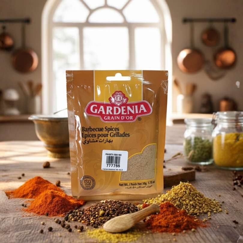 Paquete de Mezcla de Especias para Barbacoa (Barbecue Spices) Gardenia Grain D'Or de 50g, con polvo marrón claro sobre una superficie de madera.