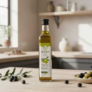 Aceite de Oliva Extra Virgen Koura Valley, primera prensada en frío. Presentación de 500 ml, ideal para cocina mediterránea, ensaladas, hummus y recetas gourmet.