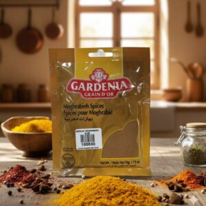 Paquete de Especias para Moghrabieh (Moghrabieh Spices) Gardenia Grain D'Or de 50g, polvo marrón especiado.