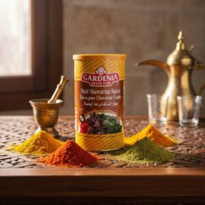Bote de Especias para Shawarma de Carne (Meat Shawarma Spices) Gardenia Grain D'Or de 454g, con imagen de carne de shawarma y especias en polvo de colores vivos.