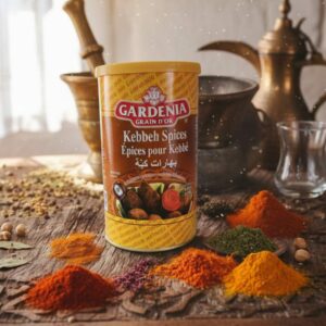Bote de Especias para Kibbeh (Kebbeh Spices) Gardenia Grain D'Or de 454g (1 Lb), con imagen de croquetas de kibbeh.