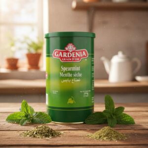 Bote verde de Menta Seca (Spearmint) Gardenia Grain D'Or de 200g, hierba en hojuelas verdes.