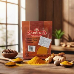 Paquete de Cúrcuma en Polvo (Turmeric Powder) Gardenia Grain D'Or de 50g, especia de color amarillo intenso.
