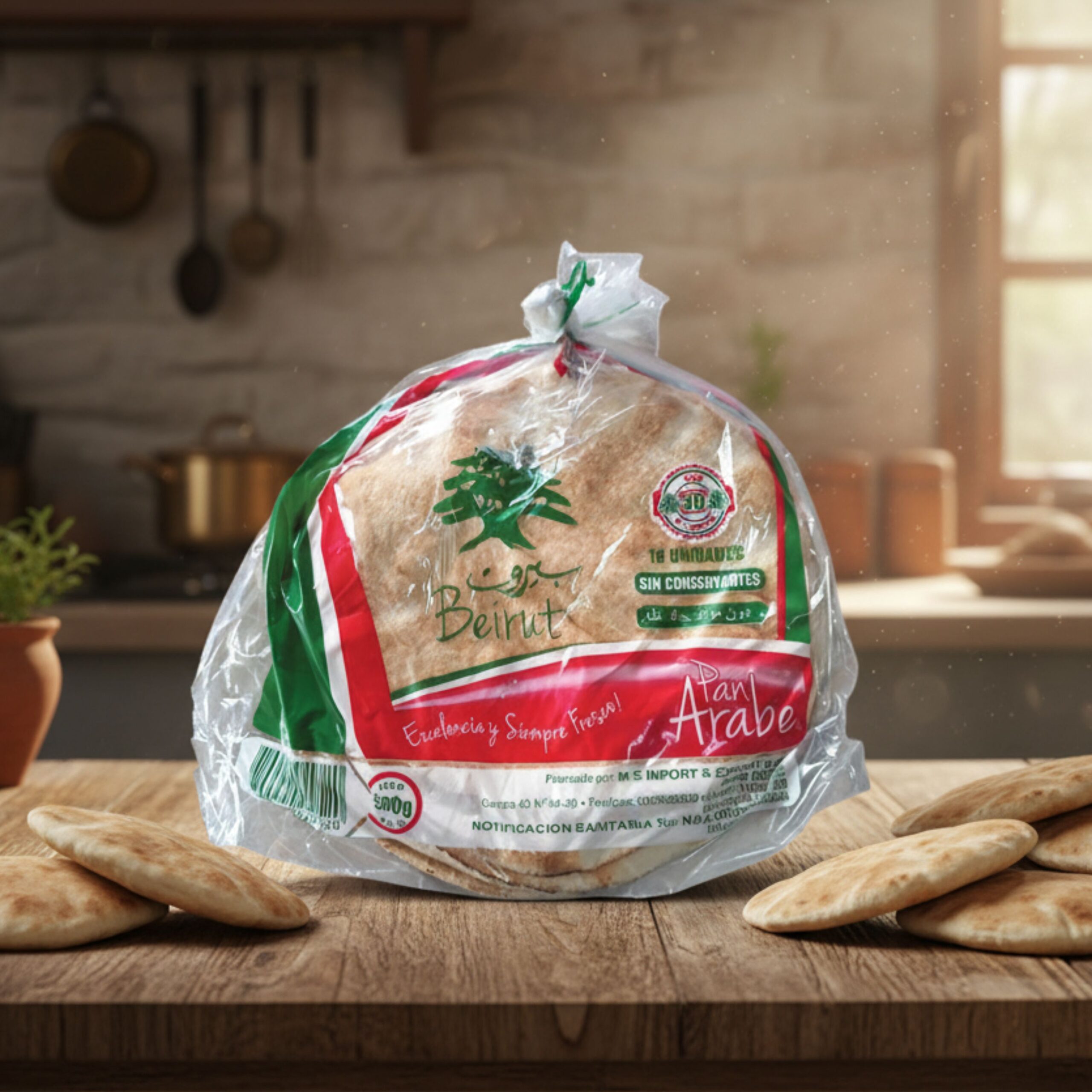 Bolsa sellada de Pan Árabe de la marca Beirut de (10 unidades), con la bandera libanesa y texto que dice Excelencia y Siempre Fresco!.