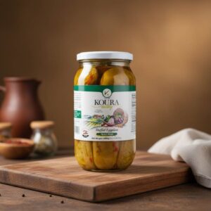 Frasco de vidrio con Makdous (Berenjenas Rellenas Encurtidas) de la marca Koura Valley, mostrando las berenjenas rellenas en aceite con una etiqueta verde.