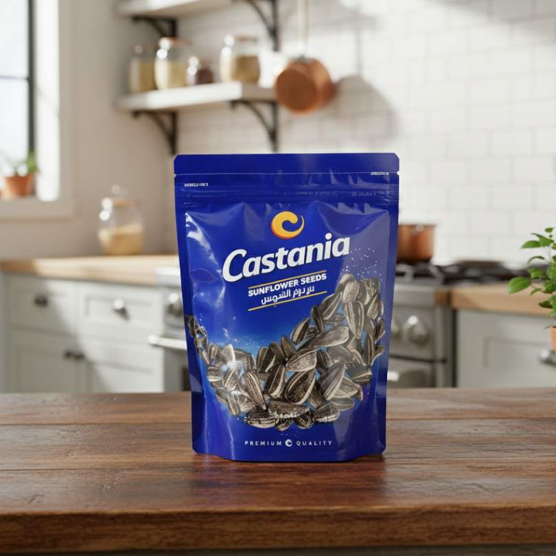 Bolsa azul de Castania Sunflower Seeds (Semillas de Girasol) Premium, sobre mesa de madera en un ambiente de cocina luminoso.