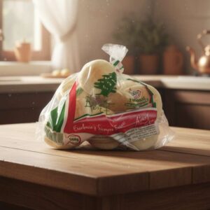 Bolsa plástica de Mini Pan Árabe de la marca Beirut 7 unidades, mostrando los panes redondos y pequeños con el logo del cedro libanés.