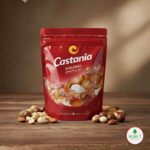 Bolsa roja resellable de Castania Mixed Kernels (Granos Mixtos) con frutos secos sin cáscara.