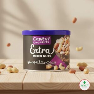 Envase cilíndrico de frutos secos mixtos Crunchy Nuts Extra, fondo oscuro, frutos secos surtidos cayendo.