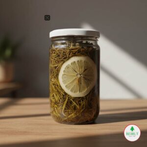 Frasco de vidrio con tomillo o zatar conservado en aceite con una rodaja de limón, sobre mesa de madera.