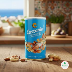 Pote de Frutos Secos Mixtos Sin Sal Castania, conteniendo almendras, nueces de la India y avellanas.