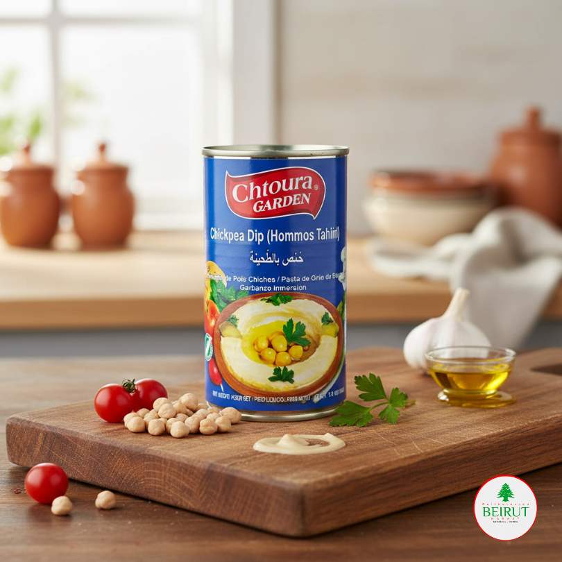 Lata de Chickpea Dip Hommos Tahini marca Chtoura Garden sobre tabla de madera con ingredientes frescos como garbanzos, tomate y aceite de oliva.