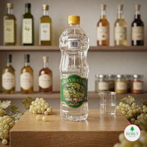 Botella de plástico transparente de 1 litro de Vinagre de Uva Blanca marca Khayratna, con etiqueta verde que muestra uvas frescas