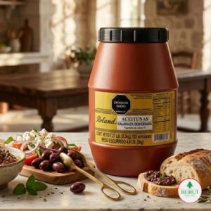 Contenedor grande de plástico color terracota con aceitunas Kalamata deshuesadas marca Roland (3.3 kg).