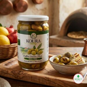 Frasco de vidrio de 600g de aceitunas verdes a la parrilla (Grilled Green Olives) de Koura Valley.