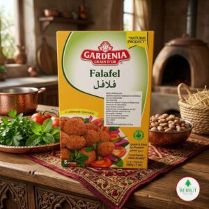 Caja de mezcla para Falafel Gardenia Grain d'Or de 200g, especialidad libanesa con garbanzo y habas, sobre una mesa rústica con ingredientes mediterráneos.