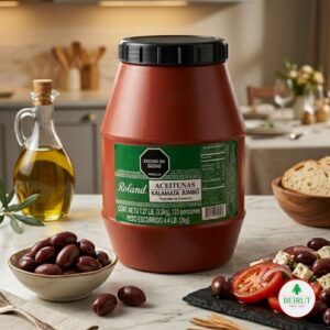 Contenedor grande de 3.3 kg de Aceitunas Kalamata Jumbo marca Roland sobre una mesa de mármol. Alrededor se aprecia un bol con aceitunas sueltas