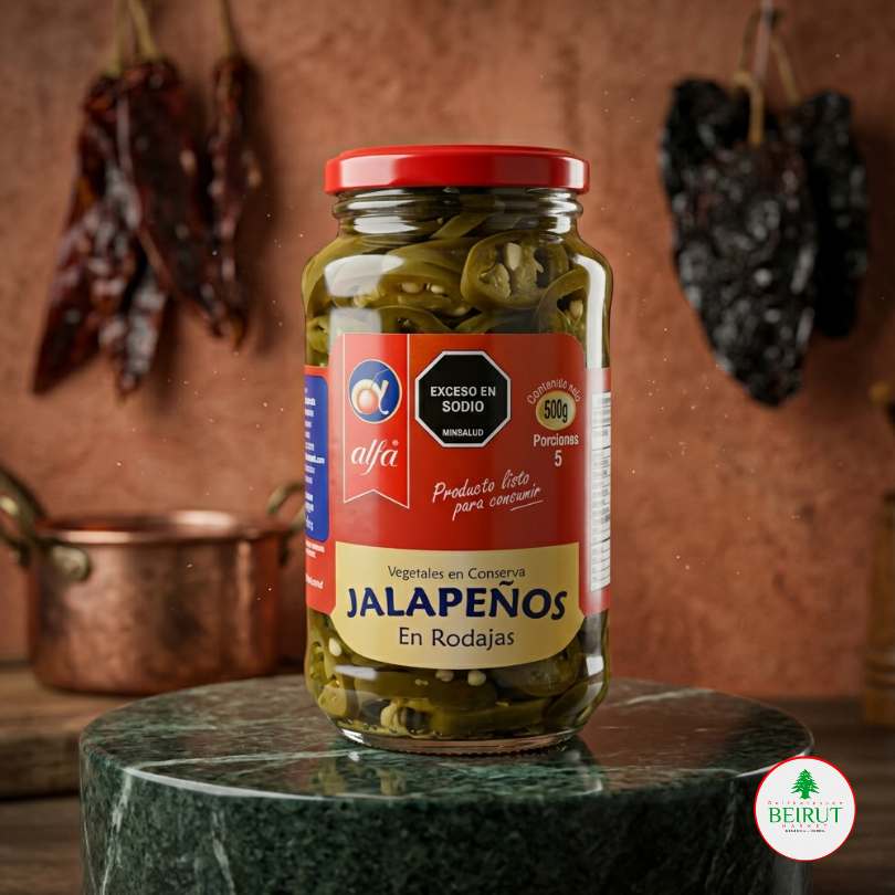 Frasco de vidrio de Jalapeños en Rodajas marca Alfa de 500g, con tapa roja y etiqueta colorida