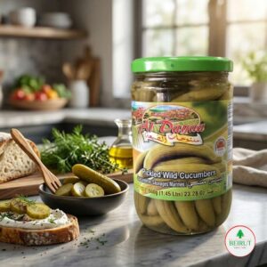 Frasco de vidrio alto de pepinillos silvestres en salmuera marca Al Dayaa (660g).
