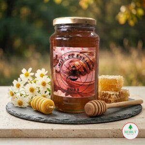 Frasco de vidrio con miel de abeja pura y etiqueta con ilustración de una abeja.