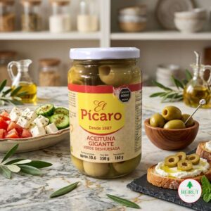 Frasco de vidrio de Aceitunas Gigantes Verdes Deshuesadas marca El Pícaro (350g).