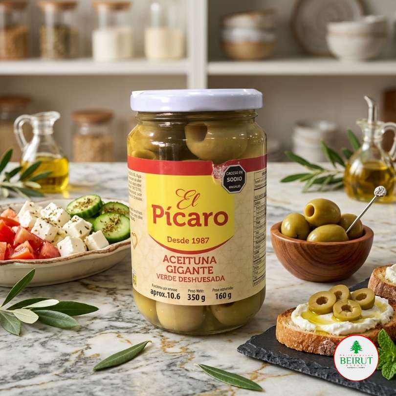 Frasco de vidrio de Aceitunas Gigantes Verdes Deshuesadas marca El Pícaro (350g).
