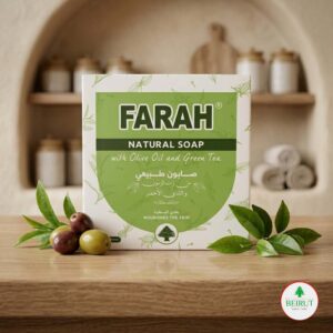 Caja de jabón natural marca Farah con diseño en color verde y blanco. La etiqueta destaca que contiene Aceite de Oliva y Té Verde