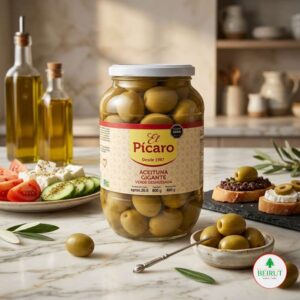 Frasco de vidrio de Aceitunas Gigantes Verdes Deshuesadas marca El Pícaro