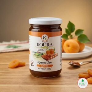 Frasco de vidrio de mermelada de albaricoque Koura Valley (400g) con tapa blanca y etiqueta naranja.