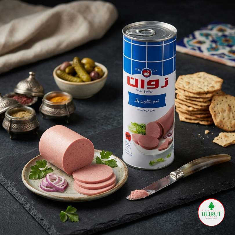 Una lata de carne de res Zwan Luncheon Meat junto a una porción del producto rebanada en un plato con cebolla morada y perejil.