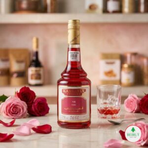 Botella de cristal de 600 ml de Jarabe de Rosas marca Kassatly Chtaura con líquido color rojo vibrante.
