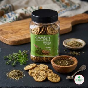 Tarro de Crunchy Bites Thyme, galletas horneadas de arroz y maíz sazonadas con tomillo