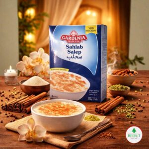 Caja de Sahlab Salep de la marca Gardenia Grain d'Or de 200 gramos sobre una mesa de madera.