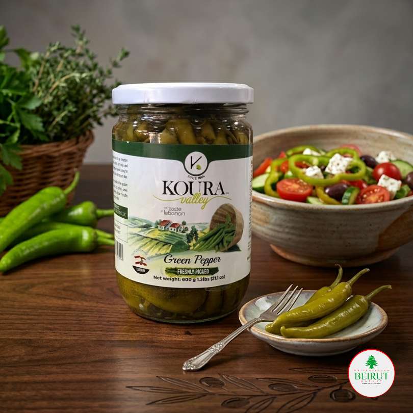 Frasco de vidrio de Green Pepper (pimientos verdes) de la marca Koura Valley, de 600 gramos.