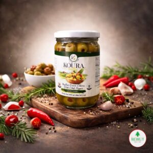 Frasco de vidrio de 600g de aceitunas verdes rellenas con chile rojo de la marca Koura Valley.