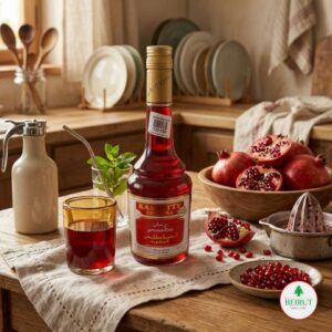 Botella de jarabe de granadina Kassatly Chtaura sobre mesa de madera con granadas frescas abiertas y un vaso servido.